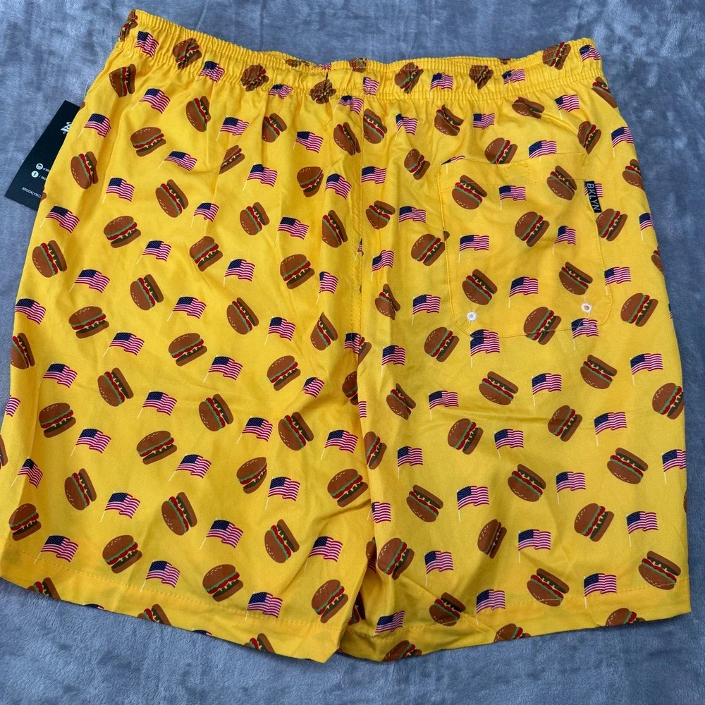 Brooklyn Swim Trunk Cloth Kent Ave Men XL Yellow Burger American Flag Volley NWT